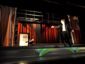 Marie-Eve Perron (right) and Andrew Shaver rehearse a scene from Twenty Thousand Leagues Under The Sea at the Grand Theatre March 10, 2016. The Rick Miller-directed show features a unique combination of visual effects including video and projection. CHRIS MONTANINI\LONDONER\POSTMEDIA NETWORK