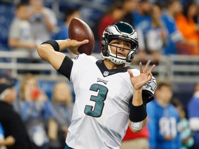 In this Nov. 26, 2015, file photo, Philadelphia Eagles quarterback Mark Sanchez passes during pre-game of an NFL football game against the Detroit Lions, in Detroit. (AP Photo/Paul Sancya, File)