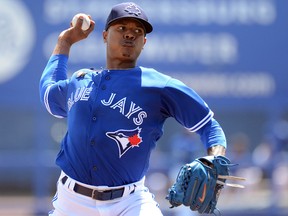 Toronto Blue Jays starting pitcher Marcus Stroman (6) warms up before the start of the spring training game against the Boston Red Sox at Florida Auto Exchange Park. Jonathan Dyer-USA TODAY Sports