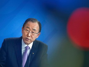 U.N. Secretary General Ban Ki-moon addresses a news conference following talks with German Chancellor Angela Merkel at the Chancellery in Berlin, Germany, March 8, 2016. (REUTERS/Fabrizio Bensch)