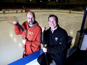 Former Kingston Frontenacs Mark Major, left, and Jason Sands at their former hockey home, the Kingston Memorial Centre. (Ian MacAlpine/The Whig-Standard)