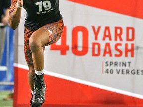 Jamal Kett of Western University sprints during the 40-yard dash at the 2016 CFL Combine in Toronto on Thursday, March 10, 2016. (Veronica Henri/Toronto Sun)