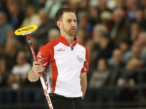 Newfoundland and Labrador skip Brad Gushue made a tap-back takeout with his final shot in the 11th end on March 11, 2016, to beat Northern Ontario 7-6 and reach the final of the Brier. (JEAN LEVAC/Postmedia Network)
