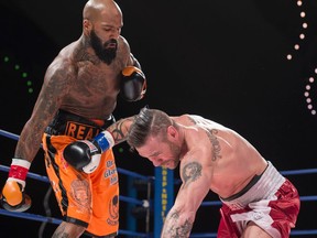 Light heavyweight Ryan 'The Real Deal' Ford drops Quebec City's David Whittom at KO Boxing's Retribution fight card at the Shaw Conference Centre on Friday. (Shaughn Butts)