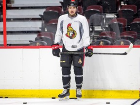 Nick Paul waits for a drill to begin as the Ottawa Senators practise at Canadian Tire Centre in Ottawa on Feb. 29, 2016. (Wayne Cuddington/Postmedia)