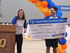 Melanie Wightman and Mathieu Crupi, organizers of the Queen's Relay for Life, at the event on Saturday morning at the Queen's University Athletics and Recreation Centre. Supplied Photo