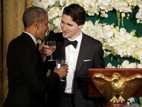 Prime Minister Justin Trudeau toasts U.S. President Barack Obama during a state dinner at the White House in Washington March 10, 2016. (REUTERS/Joshua Roberts)