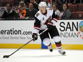 Arizona Coyotes right wing Shane Doan controls the puck against Anaheim Ducks during the third period at Honda Center earlier this season.