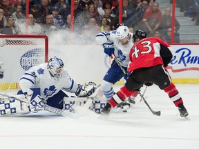 Toronto Maple Leafs goalie Garret Sparks makes a save on a shot from Ottawa Senators left wing Ryan Dzingel in the second period at the Canadian Tire Centre. (Marc DesRosiers/USA TODAY Sports)