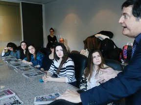 Lorrie Goldstein speaks to a group of Israeli students at the Toronto Sun Monday March 7, 2016. The students are in Canada for a year doing public service before they do their compulsory military service in Israel. (Stan Behal/Toronto Sun)