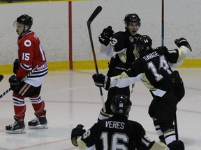 The LaSalle Vipers, including Daniel Beaudoin, Nathan Savage and Nathan Veres, will be moving on to the second round of the Greater Ontario Junior Hockey League playoffs after eliminating Jordan Fogarty and the Sarnia Legionnaires with a Game 7 victory Sunday night. (Terry Bridge, Sarnia Observer)
