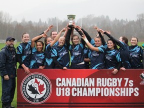 Kingston's Annie Kennedy, fourth from right, was a member of the Ontario Storm II women's team that won a bronze medal at the National Under-18 Sevens rugby tournament in British Columbia. (Rugby Ontario)