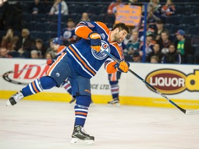 Edmonton Oilers forward Patrick Maroon warms up during a recent game at Rexall Place. The oversized winger is moving onto the line centred by Connor McDavid in place of Taylor Hall. (File)