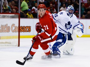 Detroit Red Wings center Dylan Larkin skates in front of Toronto Maple Leafs goalie Jonathan Bernier in the first period at Joe Louis Arena. (Rick Osentoski-USA TODAY Sports)