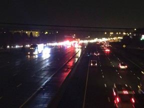 This photo provided by ABC11 shows traffic backing up on westbound Interstate 40 from the view of Exit 154 after multiple vehicle accidents Sunday, March 13, 2016, in central North Carolina. Authorities say dozens of vehicles were involved in a series of wrecks that injured over a dozen people and temporarily shut down part of Interstate 40. (Tim Pulliam/ABC11 via AP)
