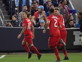 Toronto FC forward Sebastian Giovinco (10) celebrates a goal against the New York City FC during the second half at Yankee Stadium. Toronto tied New York City, 2-2.   Vincent Carchietta-USA TODAY Sports