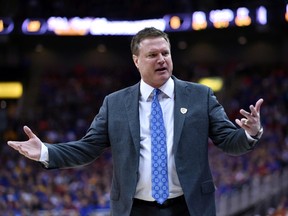 Kansas Jayhawks head coach Bill Self reacts to play against the West Virginia Mountaineers in the championship game of the Big 12 Conference tournament at Sprint Center. Denny Medley-USA TODAY Sports