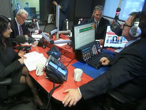 Manitoba party leaders (l-r) Liberal Rana Bokhari, NDP leader Greg Selinger and Conservative leader Brian Pallister take part in a leadership debate with CJOB host Richard Cloutier in Winnipeg, Man. Monday March 14, 2016.
Brian Donogh/Winnipeg Sun/Postmedia Network