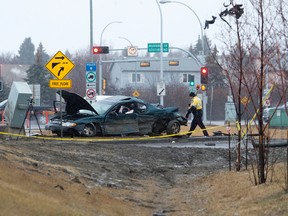 Police continue to investigate at the scene of a serious car accident along north bound Manning Drive near 50 Street, in Edmonton Alta. on Sunday March 13, 2016. Photo by David Bloom