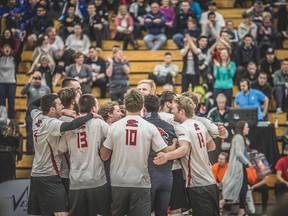 The Fanshawe Falcons men's volleyball team celebrates at the CCAA Men's Volleyball Championships. (Photo submitted)