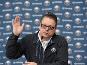 Buffalo Sabres GM Tim Murray talks during a press conference at the First Niagara Center Wednesday July 1, 2015, in Buffalo, N.Y. (AP Photo/Gary Wiepert)