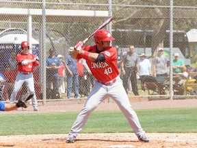 The Canadian junior national team’s Clayton Keyes eyes a pitch during yesterday’s game. (EDDIE MICHELS/PHOTO)