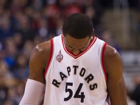 Raptors' Patrick Patterson reacts during the second half of his team's 109-107 defeat against the Bulls during NBA action in Toronto on Monday, March 14, 2016. (Chris Young/THE CANADIAN PRESS)
