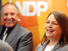 Roxane Dupuis smiles after being introduced by outgoing Dawson Trail MLA Ron Lemieux at a press conference last week. (Brian Donogh/Winnipeg Sun file photo)