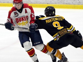 Ben Sokay fired four goals, including the O.T. game-winner, for the Wellington Dukes Monday night in Aurora where they eliminated the Tigers with a 6-5 victory. (Ed McPherson/OJHL Images)
