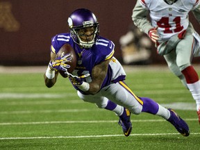 Minnesota Vikings wide receiver Mike Wallace (11) catches a pass during the second quarter against the New York Giants at TCF Bank Stadium. Brace Hemmelgarn-USA TODAY Sports