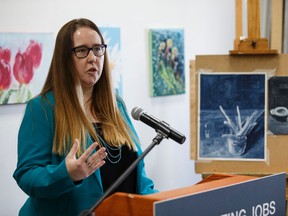 Alberta's Minister of Labour, Christina Gray, encourages employers to apply for the Summer Temporary Employment program during a press conference held at The Paint SPOT store in Edmonton, Alta., on Friday February 26, 2016. Owner Kim Fjordbotten took Gray on a tour of the art store. Photo by Ian Kucerak