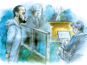 Ayanle Hassan Ali, handcuffed, appears in 1000 Finch court March 15, 2016. (Sketch by Pam Davies)