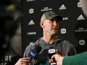 Eskimos head coach Jason Maas speaks with the media during the CFL Regional Combine held at Commonwealth Recreation Centre in Edmonton on Monday, March 7, 2016. (Ian Kucerak/Postmedia Network)