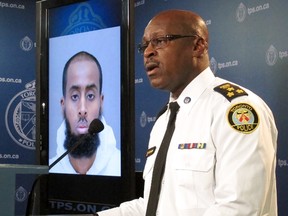 Toronto Police Chief Mark Saunders speaks at a news conference in Toronto on Tuesday, March 15, 2016 about the arrest of Ayanle Hassan Ali in the attack on Canadian soliders at a recruitment centre in the city's north end on Monday. (THE CANADIAN PRESS/Colin Perkel)