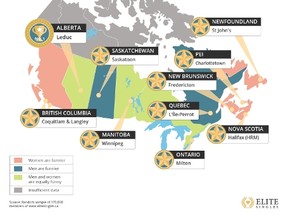 An EliteSingles map of where you'll find Canada's funniest singles. (Supplied)