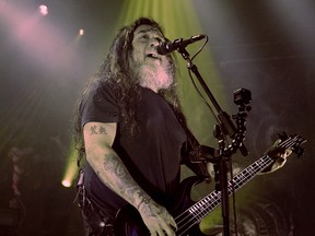 Tom Araya, lead singer for the band Slayer, in concert at the Shaw Conference Centre in Edmonton on March 15, 2016.
