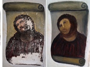 A combination of three documents provided by the Centre de Estudios Borjanos on August 22, 2012 shows the original version of the painting Ecce Homo (L) by 19th-century painter Elias Garcia Martinez, the deteriorated version (C) and the botched restoration version in Santuario de Misericordia church in Borja, northeastern Spain. Spanish woman Cecilia Gimenez, 82, took it upon herself to fix up Ecce Homo (Behold the Man).