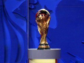 The World Cup trophy is seen during the preliminary draw for the 2018 FIFA World Cup at Konstantin Palace in St. Petersburg, Russia, in this file picture taken July 25, 2015. (REUTERS/Stringer/Files)