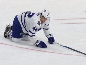 Maple Leafs Leafs Tyler Bozak on the ice at the Canadian Tire Centre in Ottawa Saturday, Feb 6, 2016 after a shot by Senators forward Mika Zibanejad. (Tony Caldwell/Postmedia Network)