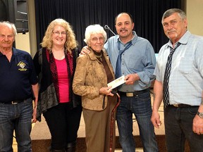 The Wallaceburg Prostate Cancer Support Group hosted a night of comedy for a fundraiser for prostate cancer research on, Saturday, March 12, at the CBD Club. A donation was made to the group for $1,000. On hand were, from left to right, Jack Renders, Knights of Columbus (donates their hall for group meetings); Anita Sipple, Julia VanDorsselaer, and facilitators for the group—John Oliveria and Grail Holek. Headlining the show was Toronto comedian Gilson Lubin