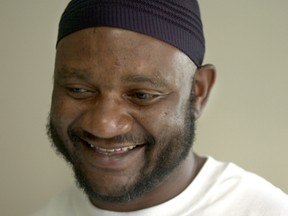 In this April 15, 2004 file photo, Darryl Hunt smiles after learning that he has been granted a pardon in the 1984 murder of Deborah Sykes. (Megan Morr/Winston-Salem Journal via AP, File)