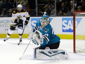 San Jose Sharks goalie James Reimer stops a shot duringa game against the Boston Bruins Tuesday, March 15, 2016, in San Jose, Calif. (AP Photo/Marcio Jose Sanchez)