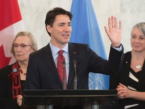 Canadian Prime Minister Justin Trudeau waves as he wraps up his remarks about Canada making an effort to gain a seat on the UN Security Council at the United Nations headquarters in New York on Wednesday, March 16, 2016. THE CANADIAN PRESS/Adrian Wyld