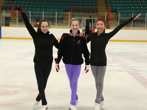 Sudbury Skating Club members Erica Gomirato, left, Breanna Baxter, Kya Weiman and Kiara Falvo (missing) will be competing at Skate Ontario Championships at the Gerry McCrory Countryside Sports Complex in Sudbury, Ont. this weekend.