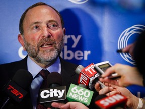 NHL commissioner Gary Bettman speaks with reporters at the Calgary Chamber of Commerce in Calgary on Jan. 11, 2016. (THE CANADIAN PRESS/Jeff McIntosh)