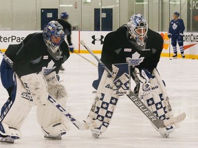 Jonathan Bernier, left, and Garret Sparks on ice at the Mastercard Centre as the Toronto Maple Leafs prepare for the Florida Panthers Wednesday, March 16, 2016. (Stan Behal/Toronto Sun)