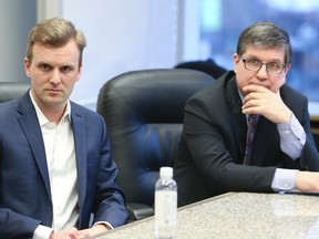 Councillor Joe Cressy (L) and Dr. David McKeown, Toronto's chief medical officer of health, meet with the editorial board of the Toronto Sun on Wednesday March 16, 2016. (Veronica Henri/Toronto Sun)