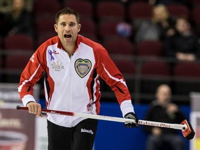 Team Canada third John Morris yells instructions during their game against Team Alberta at the 2016 Brier in Ottawa on Thursday, March 10, 2016. Morris will undergo hernia repair surgery and will miss the rest of the season. (Errol McGihon/Postmedia Network)