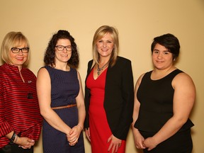The YWCA Women of Distinction recipients were announced at a press conference in Sudbury, Ont. on Wednesday March 16, 2016. The women and organizations recognized include, Liz Spooner-Young, left, representing the Sudbury Soup Sisters, Lynn Despatie, Mellaney Dahl and Julia Wabie. Also recognized but missing from picture are Patricia Hennessy, Lise Plante and Alicia Woods. John Lappa/Sudbury Star/Postmedia Network