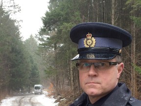 Barrie OPP Sgt. Peter Leon on the scene where human remains were found Wednesday in a section of Simcoe County Forest, just off of Gill Road in Springwater Township. (CHERYL BROWNE/BARRIE EXAMINER/Postmedia Network)